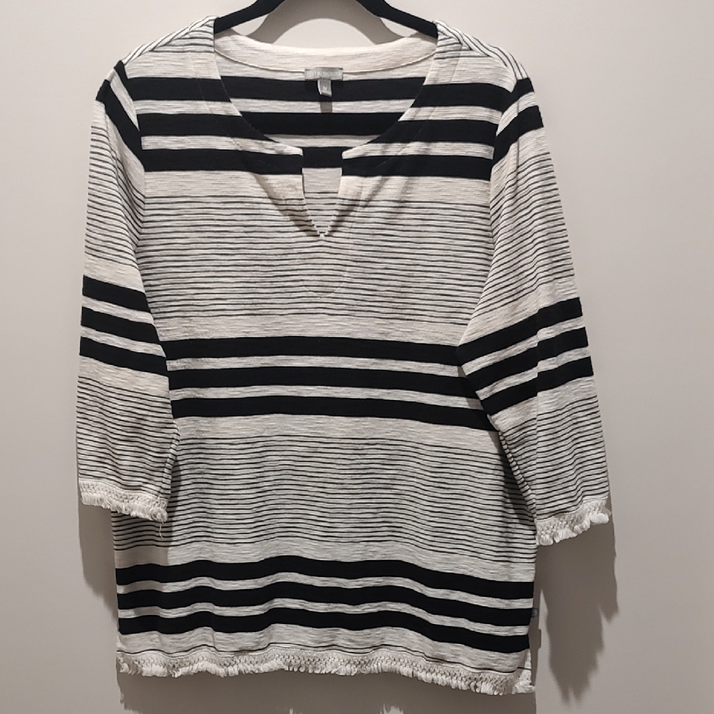 Cotton Blend Black & Cream Striped V-Notch Neck Fringed Hem Casual Nautical